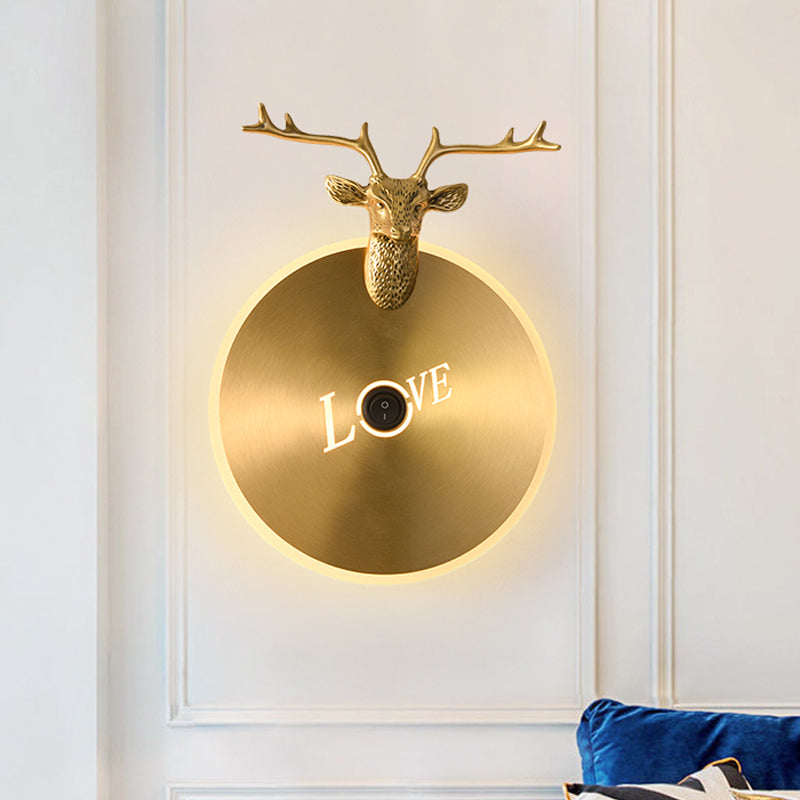 Round Panel Metal Wall Light Traditionary Living Room LED Sconce Light Fixture in Brass/Black with Elk Decoration Clearhalo 'Wall Lamps & Sconces' 'Wall Lights' Lighting' 293407