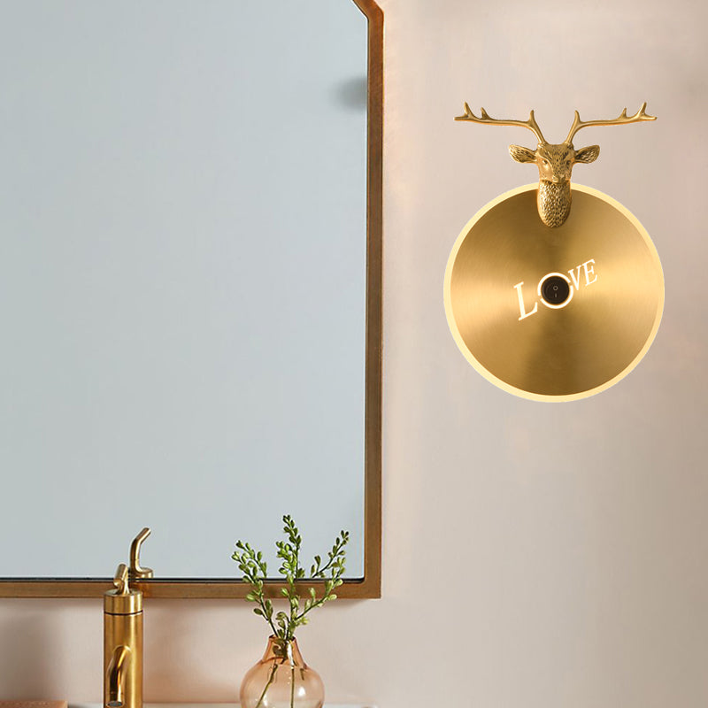 Round Panel Metal Wall Light Traditionary Living Room LED Sconce Light Fixture in Brass/Black with Elk Decoration Clearhalo 'Wall Lamps & Sconces' 'Wall Lights' Lighting' 293408