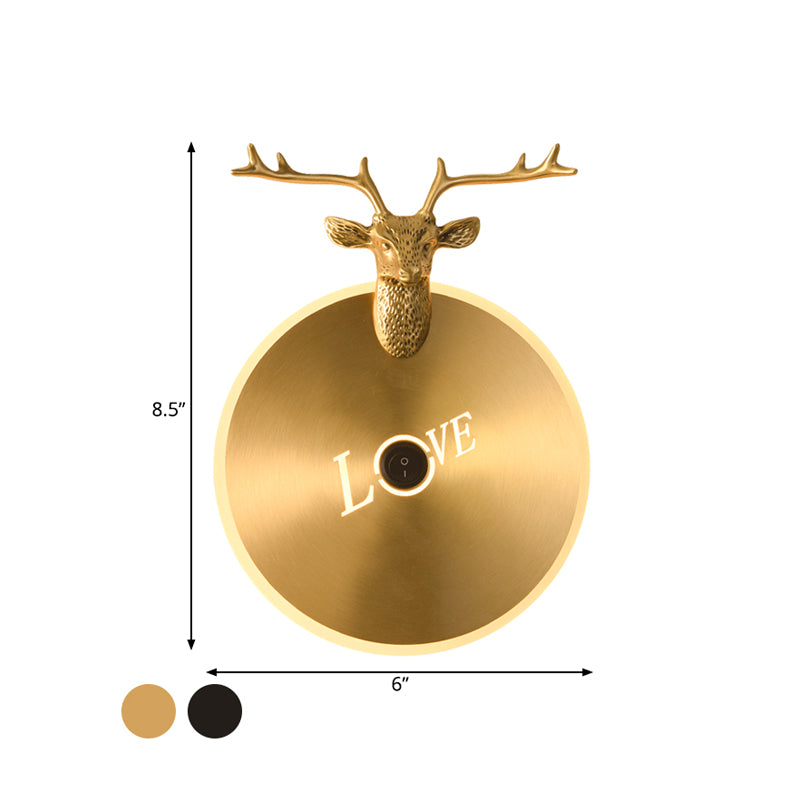 Round Panel Metal Wall Light Traditionary Living Room LED Sconce Light Fixture in Brass/Black with Elk Decoration Clearhalo 'Wall Lamps & Sconces' 'Wall Lights' Lighting' 293410