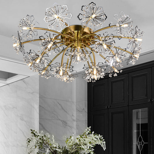 Gold Dandelion Semi Flush Mount Postmodern Crystal Beaded 21 Lights Dining Room Ceiling Lighting Clearhalo 'Ceiling Lights' 'Close To Ceiling Lights' 'Close to ceiling' 'Semi-flushmount' Lighting' 293423