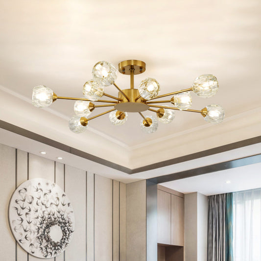 Clear Faceted Crystal Gold Ceiling Lamp Sputnik 12 Heads Postmodern Semi Flush Mount Light Fixture Gold Clearhalo 'Ceiling Lights' 'Close To Ceiling Lights' 'Close to ceiling' 'Semi-flushmount' Lighting' 293428