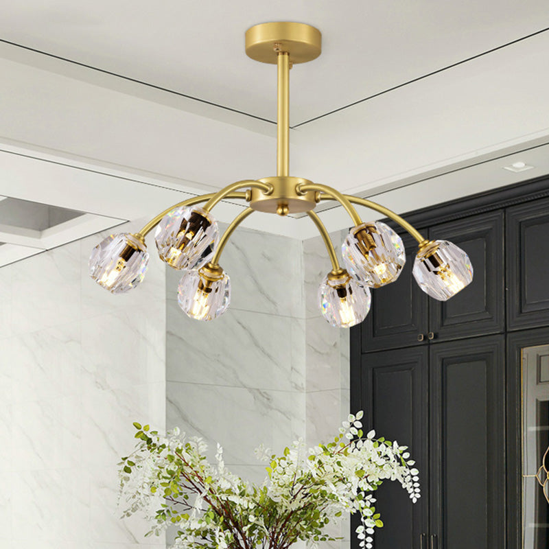 6 Heads Faceted Crystal Semi Flush Mount Lighting Postmodern Gold Sputnik Dining Room Ceiling Light Fixture Gold Clearhalo 'Ceiling Lights' 'Close To Ceiling Lights' 'Close to ceiling' 'Semi-flushmount' Lighting' 293440