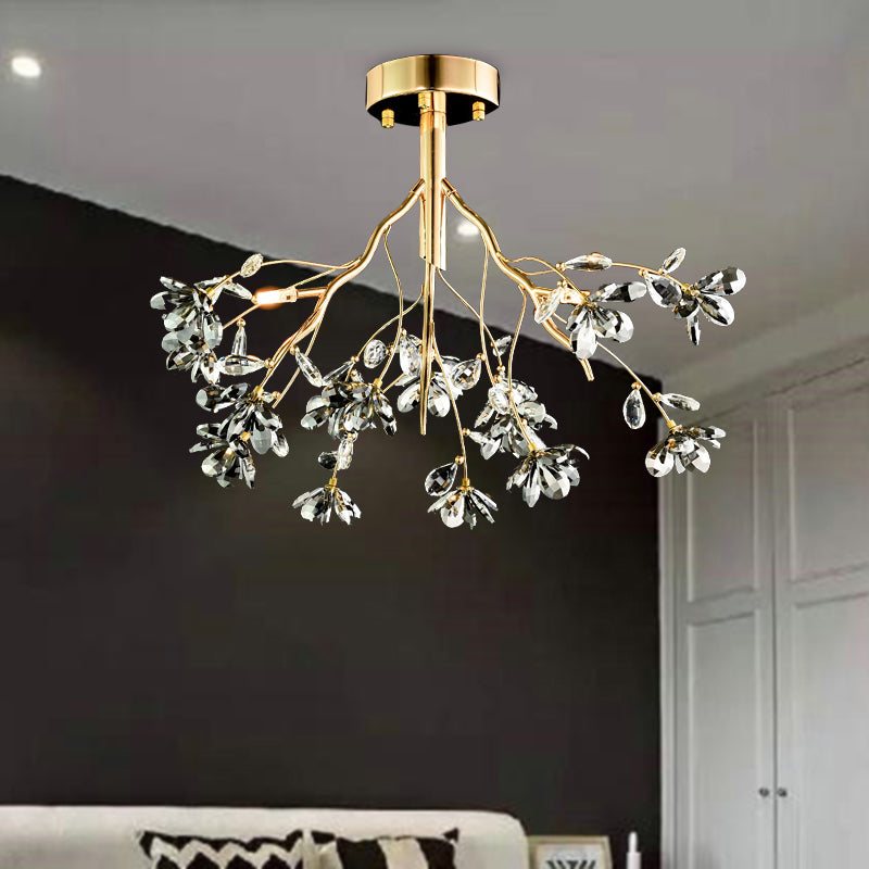 3 Heads Branch Semi Flush Mount Light Fixture Postmodern Gold Leaf Crystal Ceiling Lamp Gold Clearhalo 'Ceiling Lights' 'Close To Ceiling Lights' 'Close to ceiling' 'Semi-flushmount' Lighting' 293446