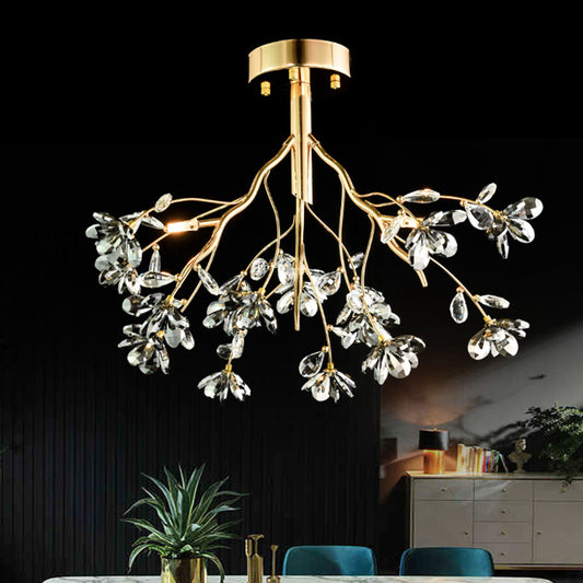 3 Heads Branch Semi Flush Mount Light Fixture Postmodern Gold Leaf Crystal Ceiling Lamp Clearhalo 'Ceiling Lights' 'Close To Ceiling Lights' 'Close to ceiling' 'Semi-flushmount' Lighting' 293447