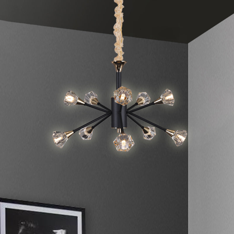 Pyramid Crystal Sputnik Semi Flush Mount Fixture Modern 10 Heads Living Room Ceiling Lamp in Black Clearhalo 'Ceiling Lights' 'Chandeliers' Lighting' options 293463