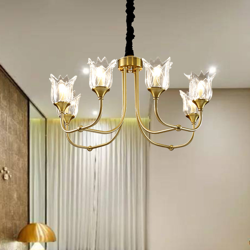 Flower Clear Glass Pendant Light Postmodern 6 Heads Dining Room Chandelier Light Fixture in Gold Gold Clearhalo 'Ceiling Lights' 'Chandeliers' Lighting' options 293480_c9387bfd-0bae-41c9-8349-429a3e4aa53c