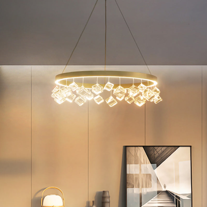 Metal Gold Hanging Pendant Light Ring LED Postmodern Ceiling Chandelier in Warm/White Light with Cubic Crystal Drop Clearhalo 'Ceiling Lights' 'Chandeliers' Lighting' options 293486