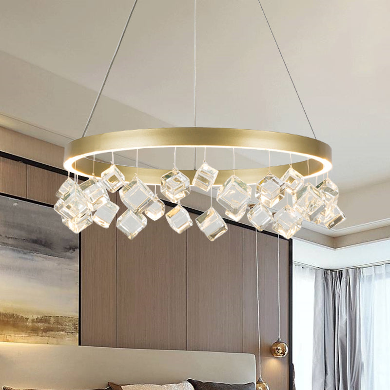 Metal Gold Hanging Pendant Light Ring LED Postmodern Ceiling Chandelier in Warm/White Light with Cubic Crystal Drop Clearhalo 'Ceiling Lights' 'Chandeliers' Lighting' options 293487