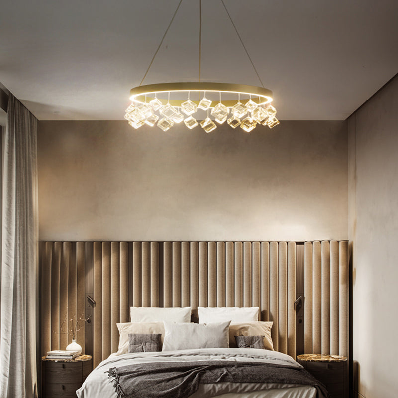Metal Gold Hanging Pendant Light Ring LED Postmodern Ceiling Chandelier in Warm/White Light with Cubic Crystal Drop Clearhalo 'Ceiling Lights' 'Chandeliers' Lighting' options 293488