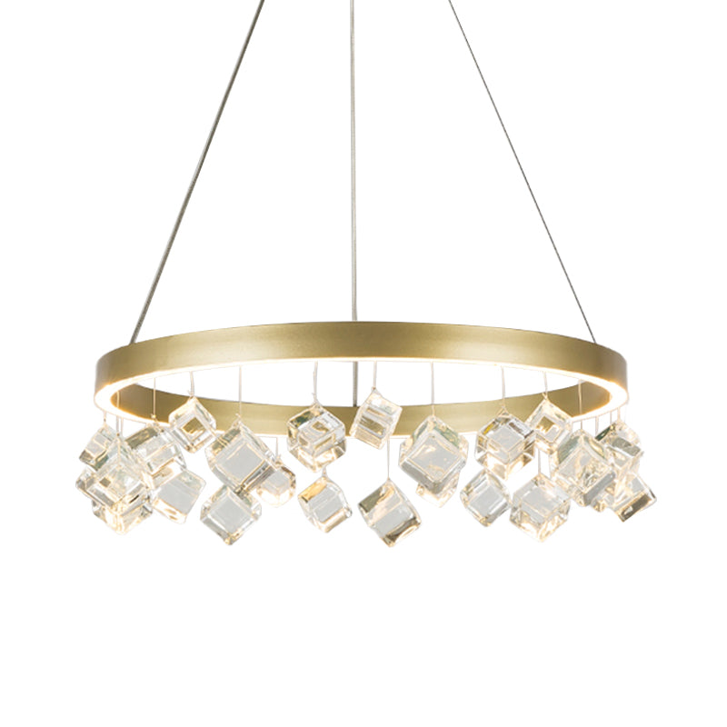 Metal Gold Hanging Pendant Light Ring LED Postmodern Ceiling Chandelier in Warm/White Light with Cubic Crystal Drop Clearhalo 'Ceiling Lights' 'Chandeliers' Lighting' options 293489