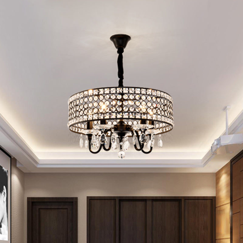 Crystal Encrusted Drum Suspension Pendant Modern 4 Heads Dining Room Chandelier Lamp in Black Clearhalo 'Ceiling Lights' 'Chandeliers' Lighting' options 293516