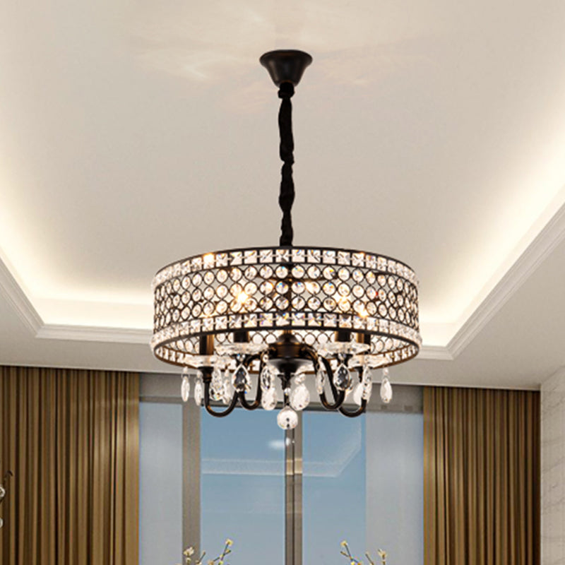 Crystal Encrusted Drum Suspension Pendant Modern 4 Heads Dining Room Chandelier Lamp in Black Clearhalo 'Ceiling Lights' 'Chandeliers' Lighting' options 293517