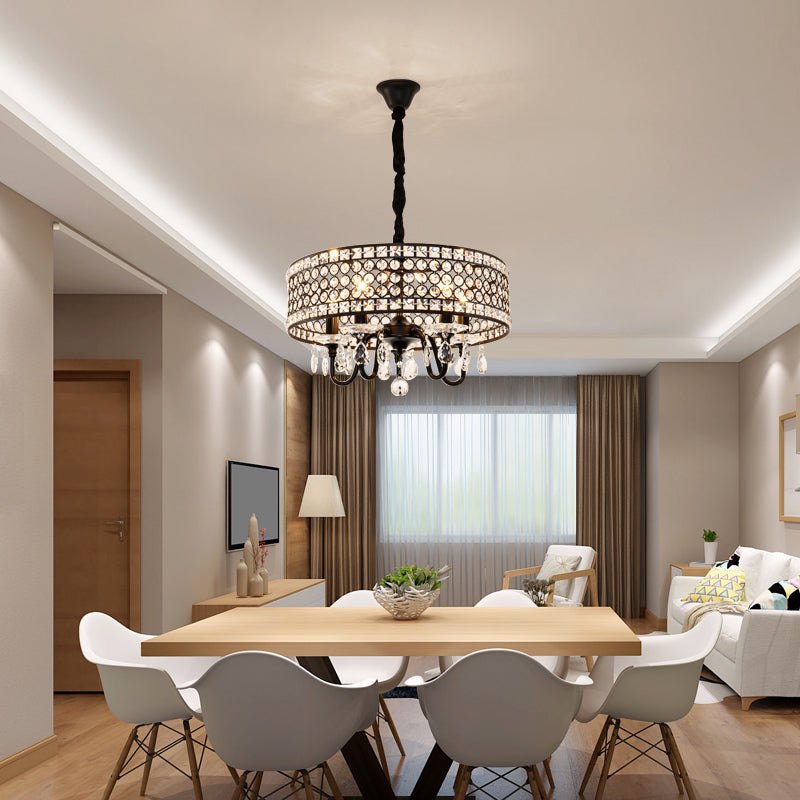 Crystal Encrusted Drum Suspension Pendant Modern 4 Heads Dining Room Chandelier Lamp in Black Clearhalo 'Ceiling Lights' 'Chandeliers' Lighting' options 293518