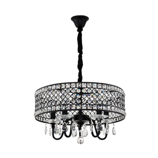 Crystal Encrusted Drum Suspension Pendant Modern 4 Heads Dining Room Chandelier Lamp in Black Clearhalo 'Ceiling Lights' 'Chandeliers' Lighting' options 293519