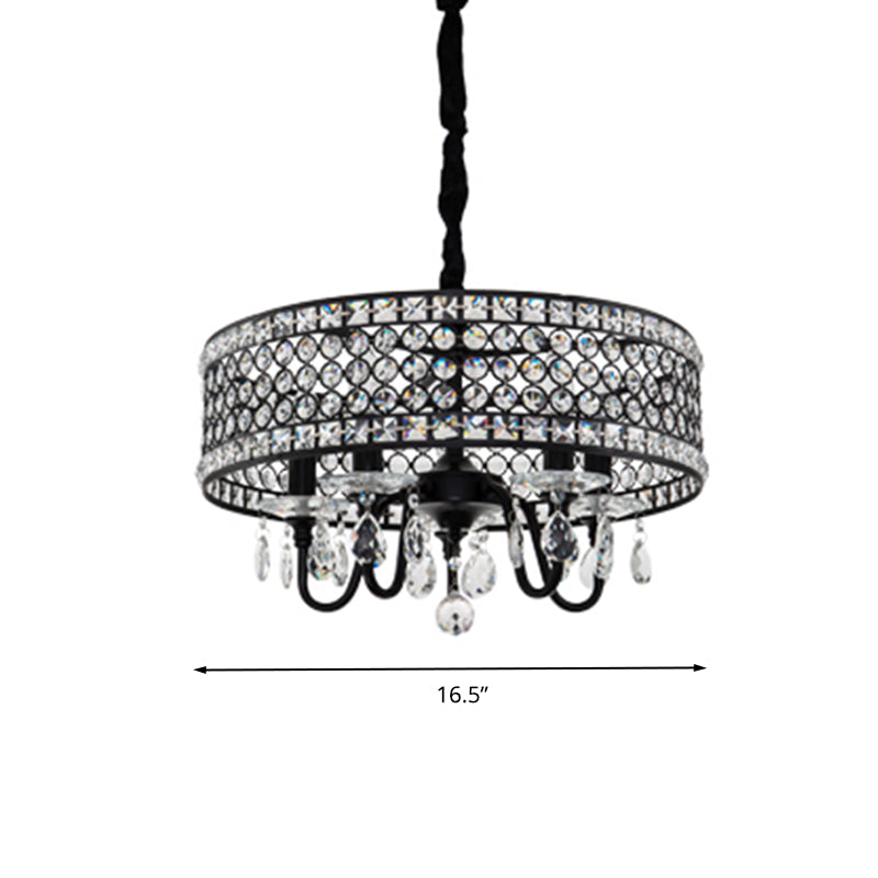 Crystal Encrusted Drum Suspension Pendant Modern 4 Heads Dining Room Chandelier Lamp in Black Clearhalo 'Ceiling Lights' 'Chandeliers' Lighting' options 293520