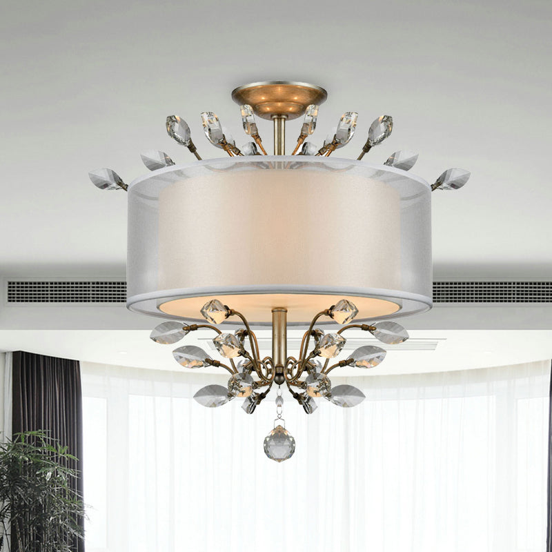 3 Heads Leaf Crystal Hanging Lamp Kit Modernism Silver Drum Living Room Chandelier Light Clearhalo 'Ceiling Lights' 'Chandeliers' Lighting' options 293527