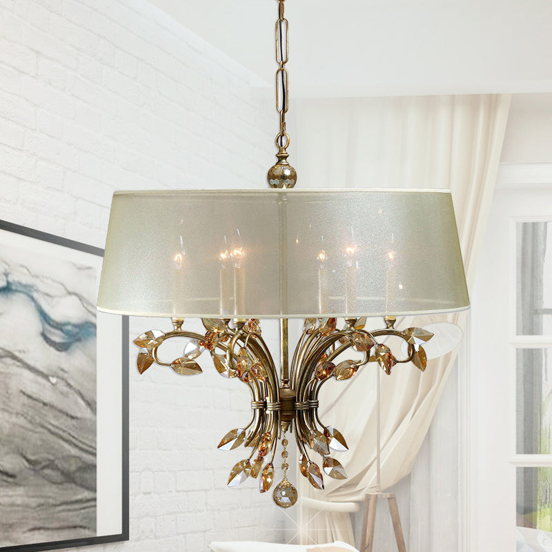 Drum Fabric Suspension Lamp Contemporary 6 Heads Living Room Chandelier Light Fixture in Brass Clearhalo 'Ceiling Lights' 'Chandeliers' Lighting' options 293534