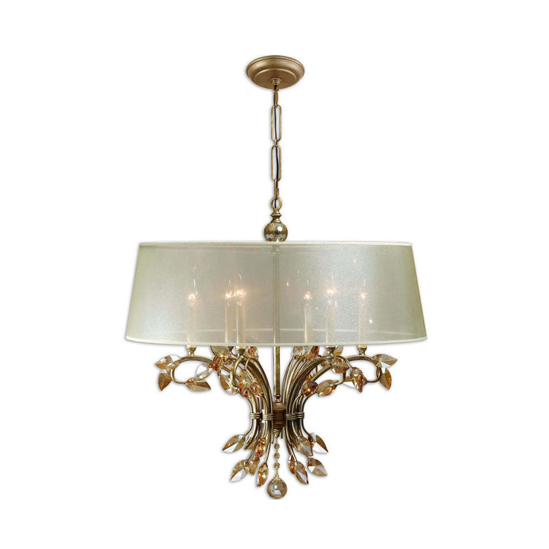 Drum Fabric Suspension Lamp Contemporary 6 Heads Living Room Chandelier Light Fixture in Brass Clearhalo 'Ceiling Lights' 'Chandeliers' Lighting' options 293536