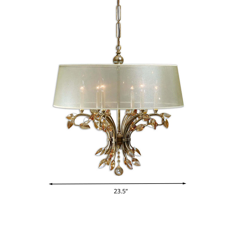 Drum Fabric Suspension Lamp Contemporary 6 Heads Living Room Chandelier Light Fixture in Brass Clearhalo 'Ceiling Lights' 'Chandeliers' Lighting' options 293537