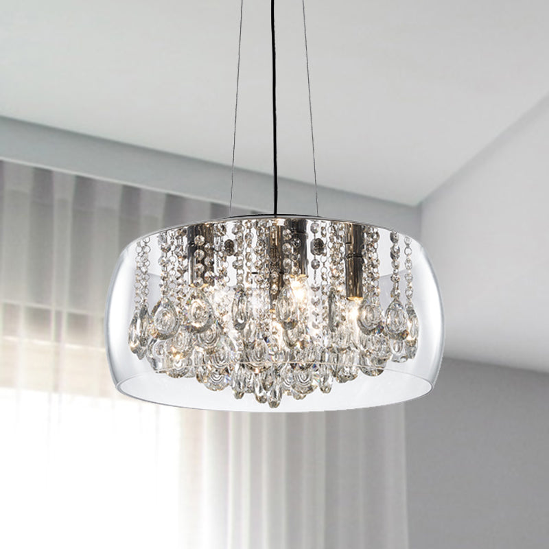 Drum Dining Room Chandelier Lighting Simple Style Crystal Drop 3 Heads Suspension Lamp with Amber/Clear Glass Shade Clearhalo 'Ceiling Lights' 'Chandeliers' Lighting' options 293559