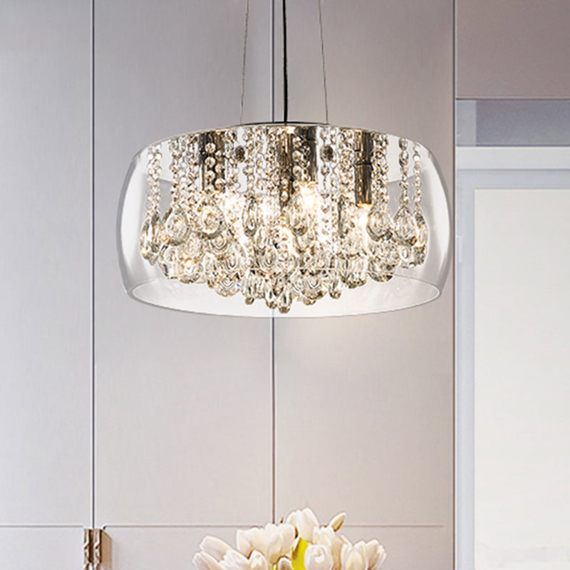 Drum Dining Room Chandelier Lighting Simple Style Crystal Drop 3 Heads Suspension Lamp with Amber/Clear Glass Shade Clearhalo 'Ceiling Lights' 'Chandeliers' Lighting' options 293560