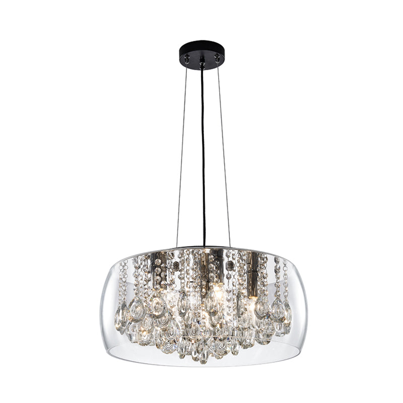 Drum Dining Room Chandelier Lighting Simple Style Crystal Drop 3 Heads Suspension Lamp with Amber/Clear Glass Shade Clearhalo 'Ceiling Lights' 'Chandeliers' Lighting' options 293562