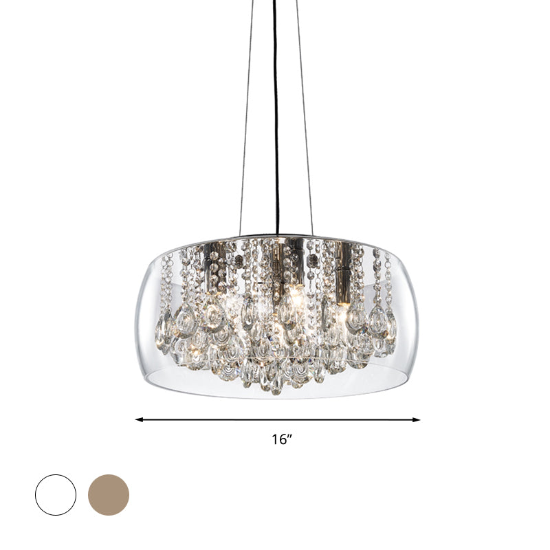 Drum Dining Room Chandelier Lighting Simple Style Crystal Drop 3 Heads Suspension Lamp with Amber/Clear Glass Shade Clearhalo 'Ceiling Lights' 'Chandeliers' Lighting' options 293563