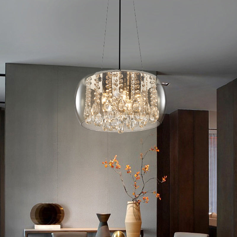 Drum Dining Room Chandelier Lighting Simple Style Crystal Drop 3 Heads Suspension Lamp with Amber/Clear Glass Shade Clearhalo 'Ceiling Lights' 'Chandeliers' Lighting' options 293566