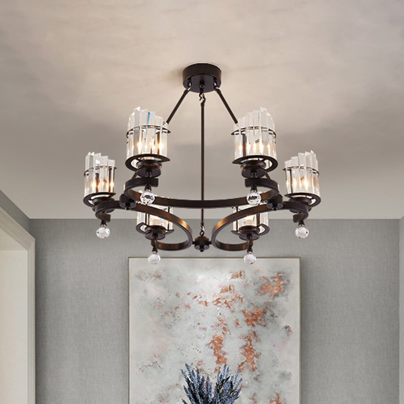 Cylinder Tri-Sided Crystal Rod Drop Lamp Contemporary 6 Heads Bedroom Chandelier Lighting Fixture Black Clearhalo 'Ceiling Lights' 'Chandeliers' Lighting' options 293588_da572fdd-14f6-41ab-a75d-5a26ee9805ce