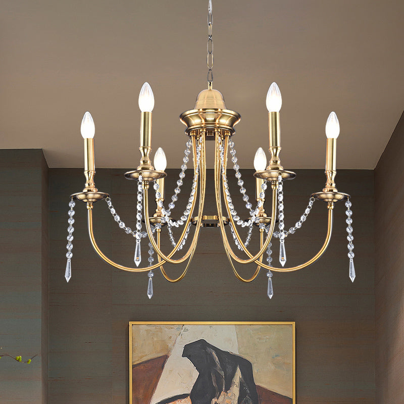 6 Heads Crystal Strand Hanging Light Postmodern Gold Candle Bedroom Chandelier Lamp Clearhalo 'Ceiling Lights' 'Chandeliers' Lighting' options 293594