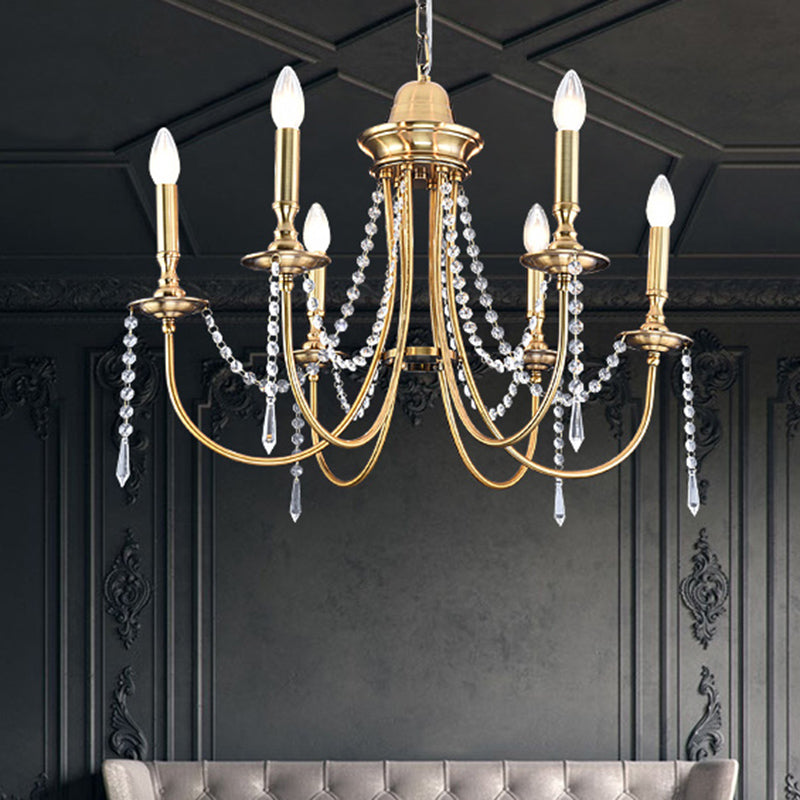 6 Heads Crystal Strand Hanging Light Postmodern Gold Candle Bedroom Chandelier Lamp Clearhalo 'Ceiling Lights' 'Chandeliers' Lighting' options 293595