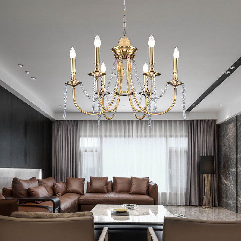 6 Heads Crystal Strand Hanging Light Postmodern Gold Candle Bedroom Chandelier Lamp Clearhalo 'Ceiling Lights' 'Chandeliers' Lighting' options 293596