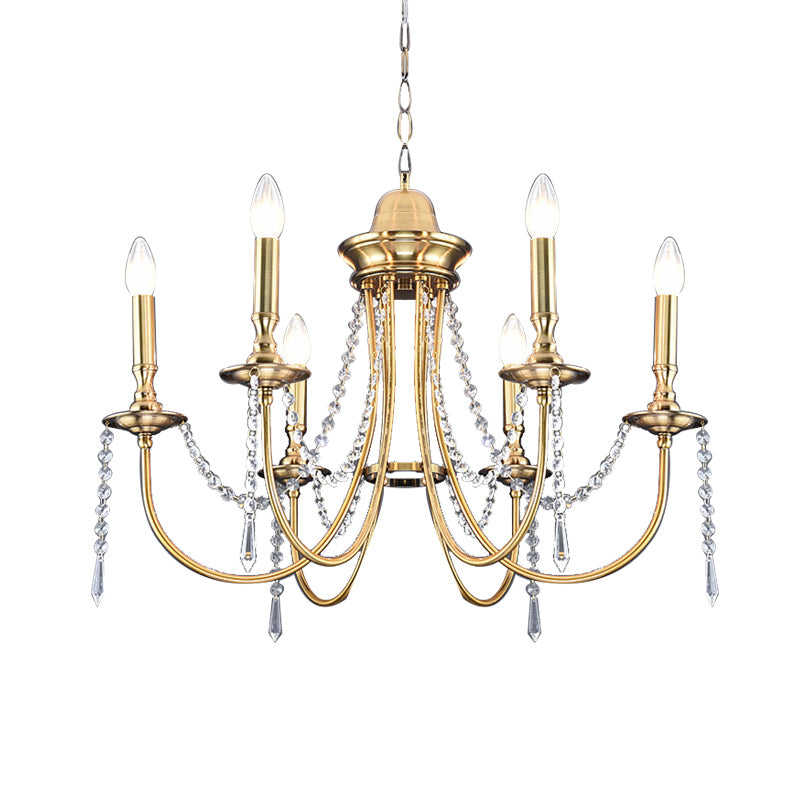 6 Heads Crystal Strand Hanging Light Postmodern Gold Candle Bedroom Chandelier Lamp Clearhalo 'Ceiling Lights' 'Chandeliers' Lighting' options 293597