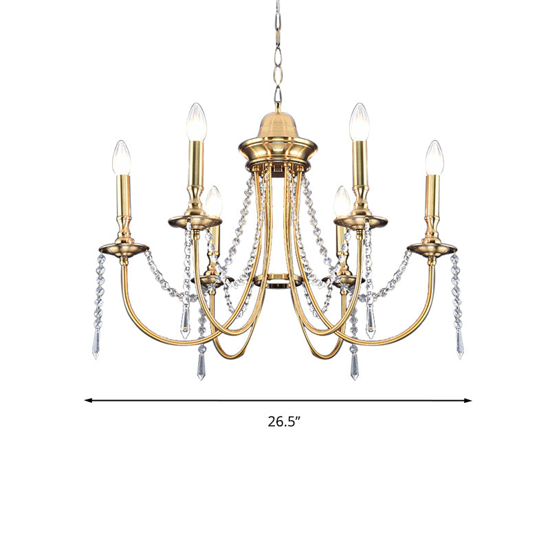 6 Heads Crystal Strand Hanging Light Postmodern Gold Candle Bedroom Chandelier Lamp Clearhalo 'Ceiling Lights' 'Chandeliers' Lighting' options 293598