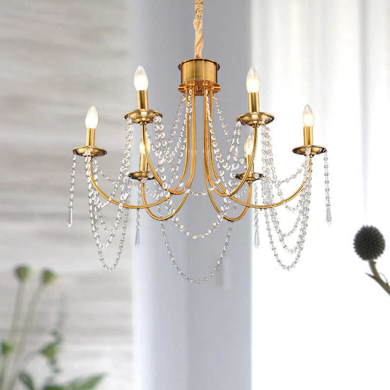 6 Heads Candle Style Ceiling Pendant Light Modern Gold Crystal Beaded Ceiling Chandelier Clearhalo 'Ceiling Lights' 'Chandeliers' Lighting' options 293600