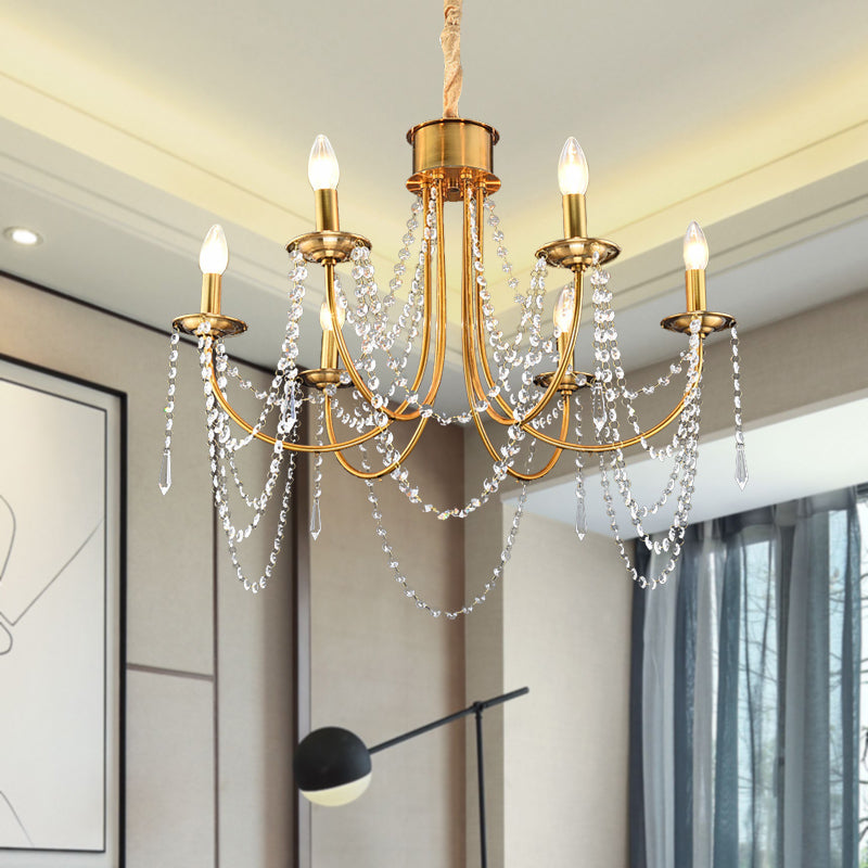 6 Heads Candle Style Ceiling Pendant Light Modern Gold Crystal Beaded Ceiling Chandelier Clearhalo 'Ceiling Lights' 'Chandeliers' Lighting' options 293601