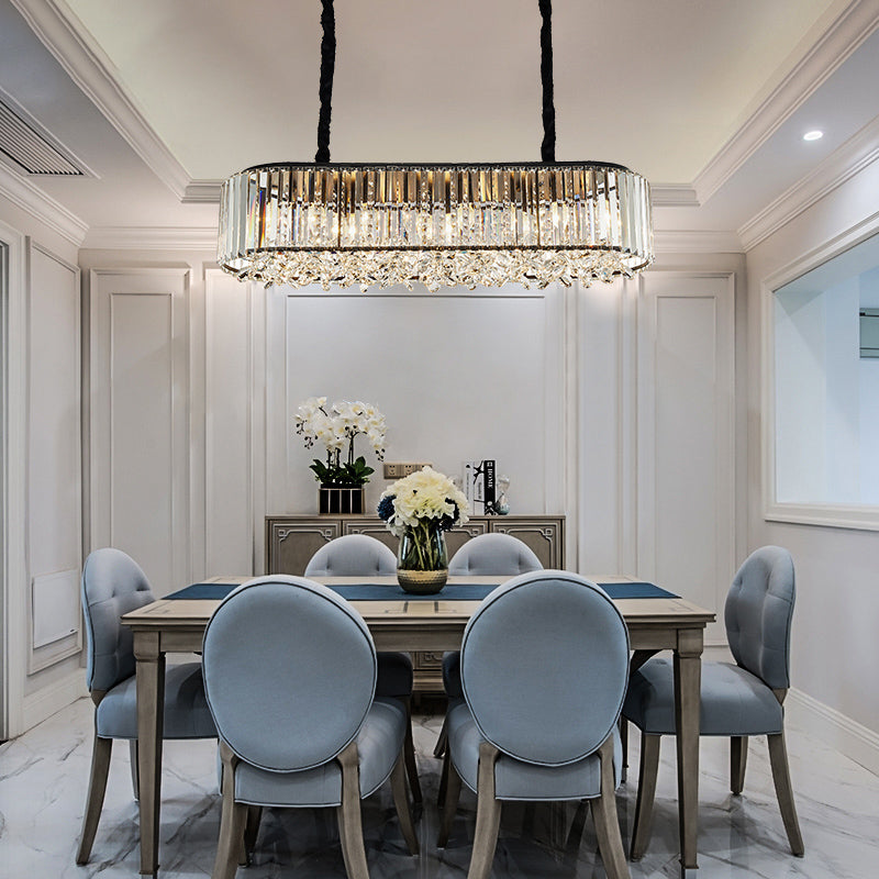 6 Heads Three Sided Crystal Pendant Light Modern Smoke Gray Oval Dining Room Island Ceiling Light Clearhalo 'Ceiling Lights' 'Island Lights' Lighting' 293614