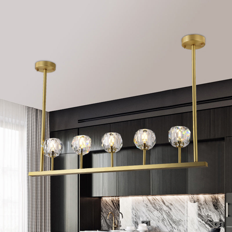 Linear Crystal Ball Hanging Light Fixture Simple Style 5 Heads Dining Room Island Ceiling Light in Gold Clearhalo 'Ceiling Lights' 'Island Lights' Lighting' 293653