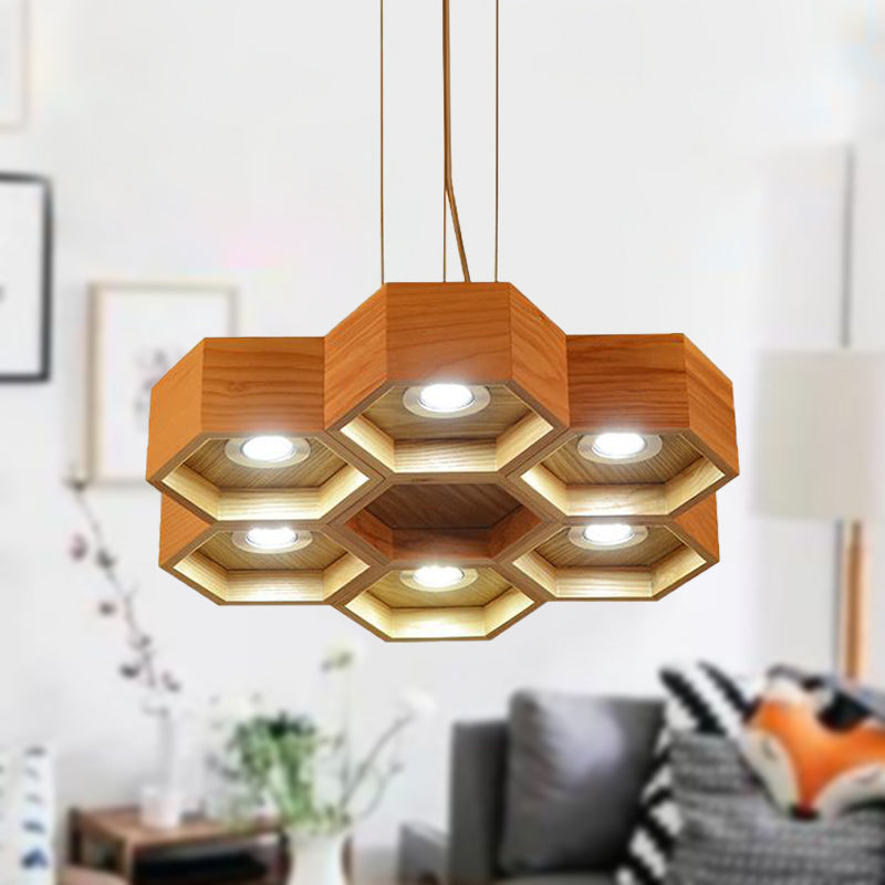 Honeycomb Wood Chandelier Light Contemporary 6 Heads Beige Hanging Pendant Light Wood Clearhalo 'Ceiling Lights' 'Chandeliers' Lighting' options 293676_28470f45-427c-41b2-8d0a-10b3cac9e881