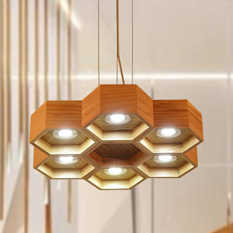 Honeycomb Wood Chandelier Light Contemporary 6 Heads Beige Hanging Pendant Light Clearhalo 'Ceiling Lights' 'Chandeliers' Lighting' options 293677