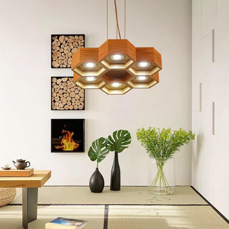 Honeycomb Wood Chandelier Light Contemporary 6 Heads Beige Hanging Pendant Light Clearhalo 'Ceiling Lights' 'Chandeliers' Lighting' options 293678