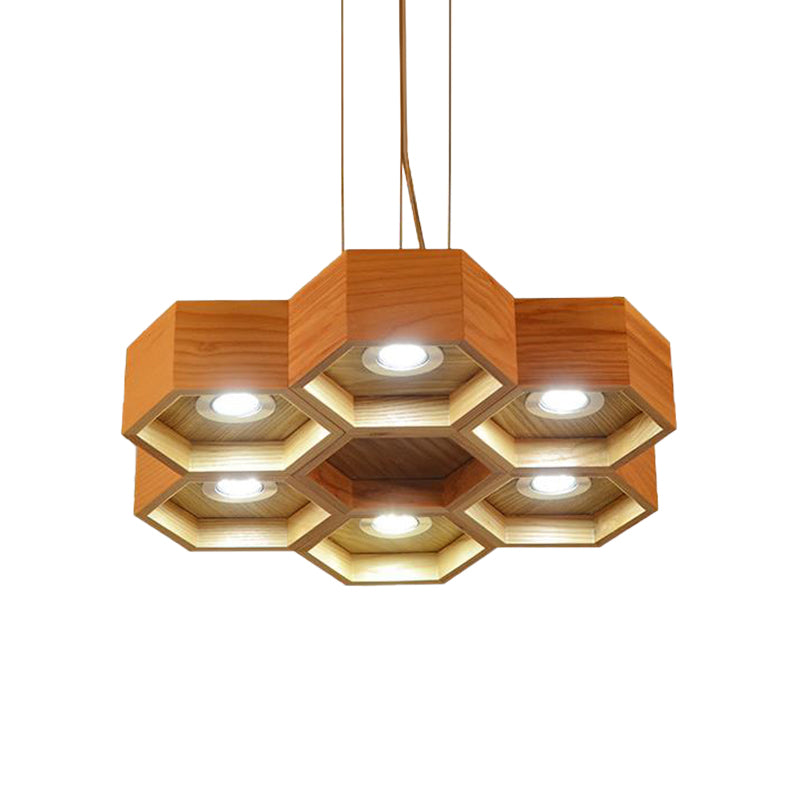 Honeycomb Wood Chandelier Light Contemporary 6 Heads Beige Hanging Pendant Light Clearhalo 'Ceiling Lights' 'Chandeliers' Lighting' options 293679