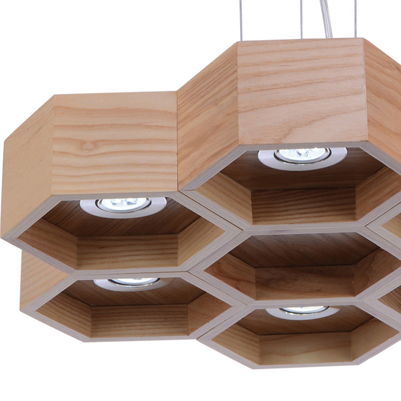 Honeycomb Wood Chandelier Light Contemporary 6 Heads Beige Hanging Pendant Light Clearhalo 'Ceiling Lights' 'Chandeliers' Lighting' options 293681