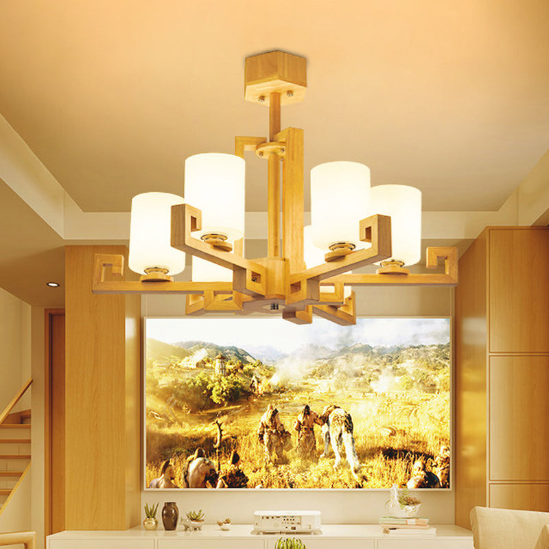 6 Heads Dining Room Ceiling Chandelier Modernism Beige Hanging Lamp Kit with Cylinder White Glass Shade Clearhalo 'Ceiling Lights' 'Chandeliers' Lighting' options 293688