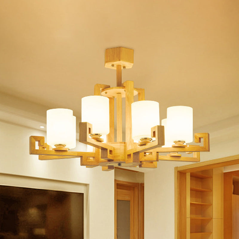 6 Heads Dining Room Ceiling Chandelier Modernism Beige Hanging Lamp Kit with Cylinder White Glass Shade Clearhalo 'Ceiling Lights' 'Chandeliers' Lighting' options 293689