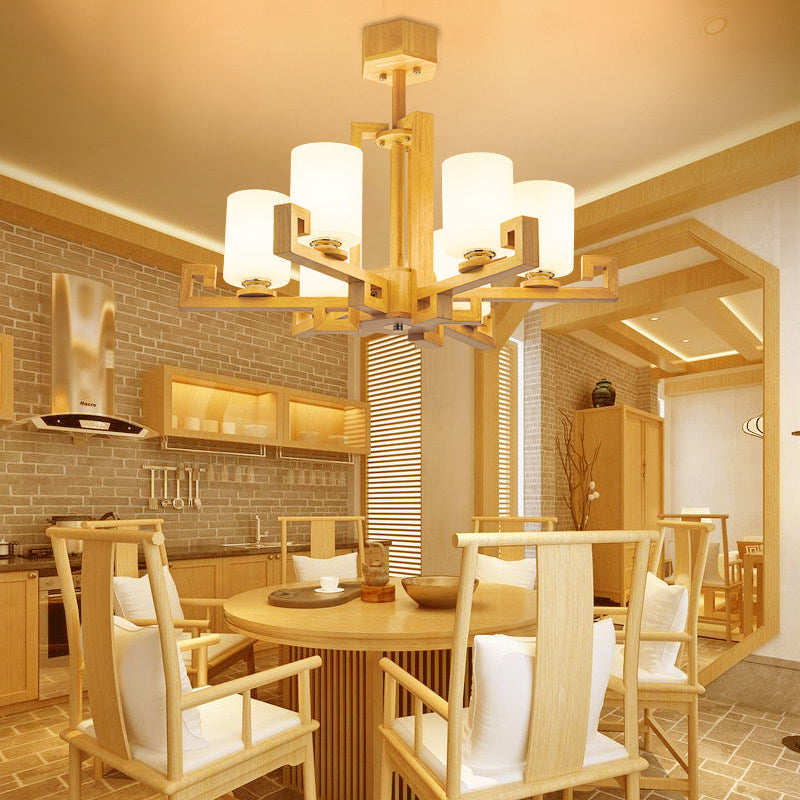 6 Heads Dining Room Ceiling Chandelier Modernism Beige Hanging Lamp Kit with Cylinder White Glass Shade Clearhalo 'Ceiling Lights' 'Chandeliers' Lighting' options 293690