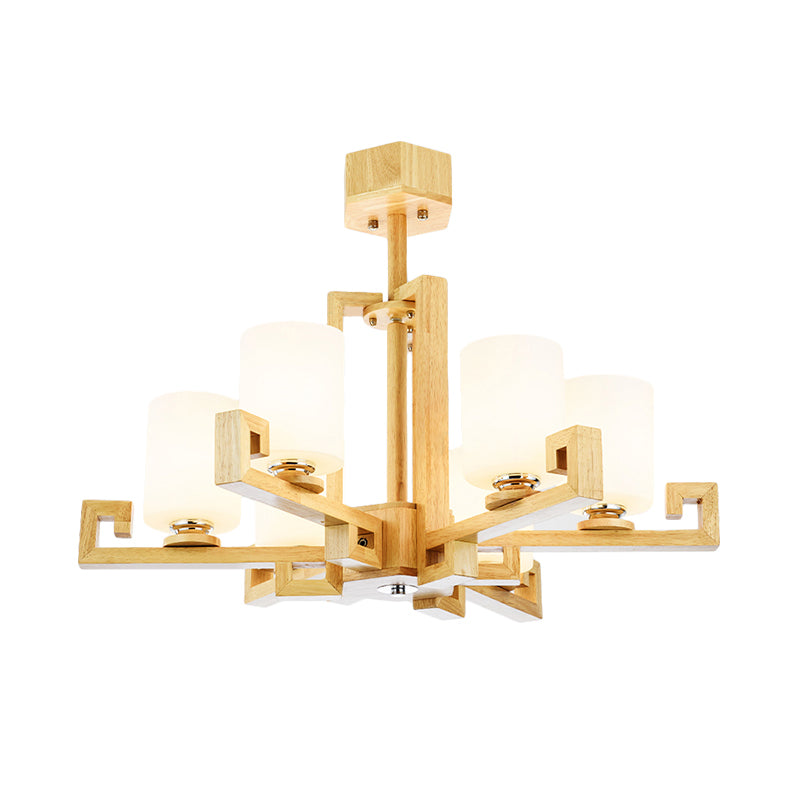 6 Heads Dining Room Ceiling Chandelier Modernism Beige Hanging Lamp Kit with Cylinder White Glass Shade Clearhalo 'Ceiling Lights' 'Chandeliers' Lighting' options 293691