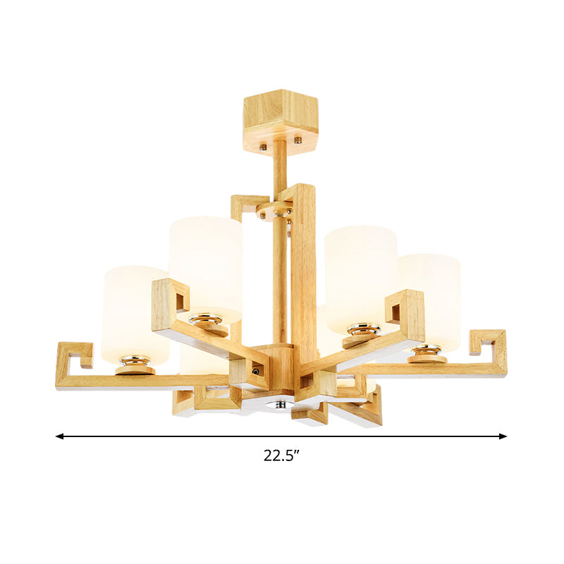 6 Heads Dining Room Ceiling Chandelier Modernism Beige Hanging Lamp Kit with Cylinder White Glass Shade Clearhalo 'Ceiling Lights' 'Chandeliers' Lighting' options 293692