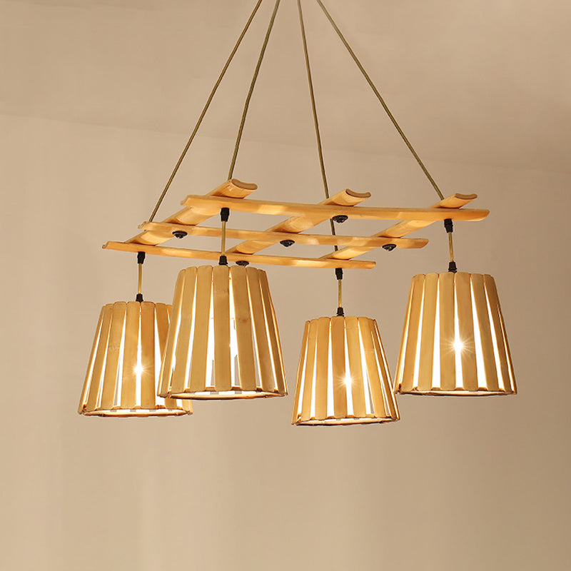 Beige Barrel Pendant Chandelier Modern 4 Lights Wood Hanging Ceiling Light for Bedroom Clearhalo 'Ceiling Lights' 'Chandeliers' Lighting' options 293723