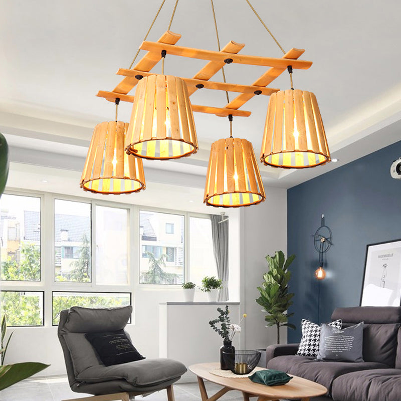 Beige Barrel Pendant Chandelier Modern 4 Lights Wood Hanging Ceiling Light for Bedroom Clearhalo 'Ceiling Lights' 'Chandeliers' Lighting' options 293724